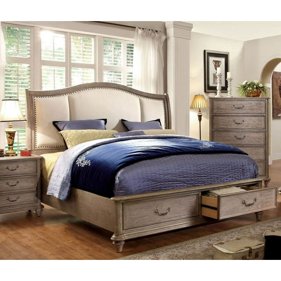 Transitional 1pc Queen Size Bed w Drawers Footboard Ivory Padded Fabric HB Bedroom Furniture Natural Tone