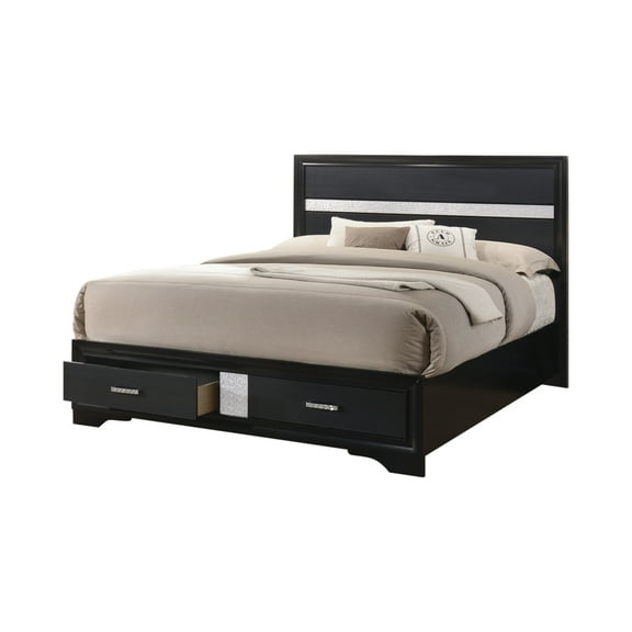 Transitional 2 Drawer Wooden Queen Size Bed with Glitter Stripe Black - Saltoro Sherpi