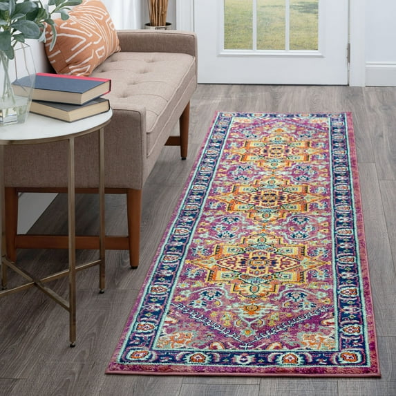 Transitional 2x10 Area Rug (2'3'' x 10') Oriental Purple, Orange Indoor Runner Easy to Clean