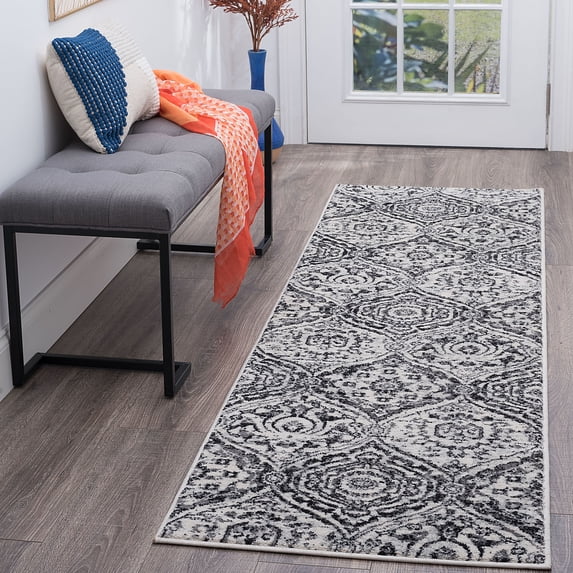 Transitional 2x10 Area Rug (2'3'' x 9'10'') Geometric Gray, Black Indoor Runner Easy to Clean