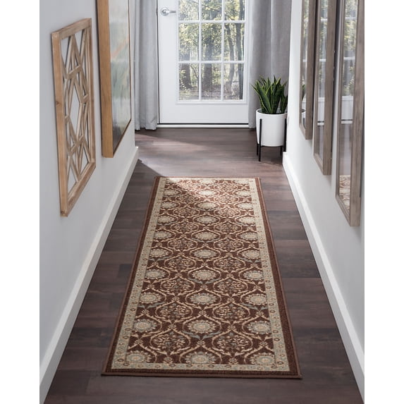 Transitional 2x11 Area Rug (2'3'' x 11') Floral Brown, Beige Indoor Runner Easy to Clean