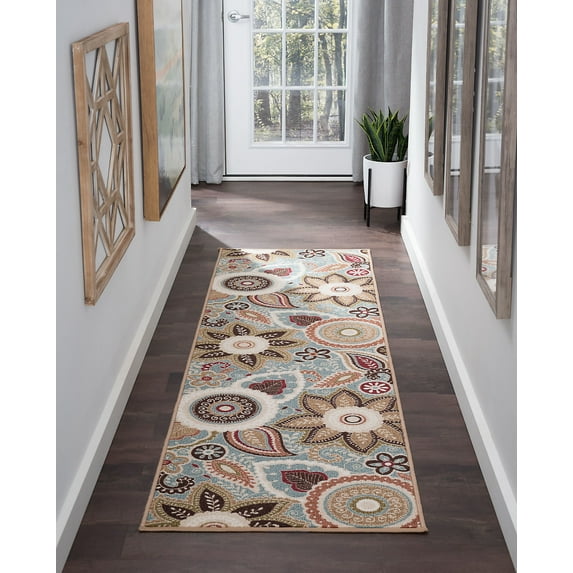 Transitional 2x11 Area Rug (2'3'' x 11') Floral Seafoam, Beige Indoor Runner Easy to Clean