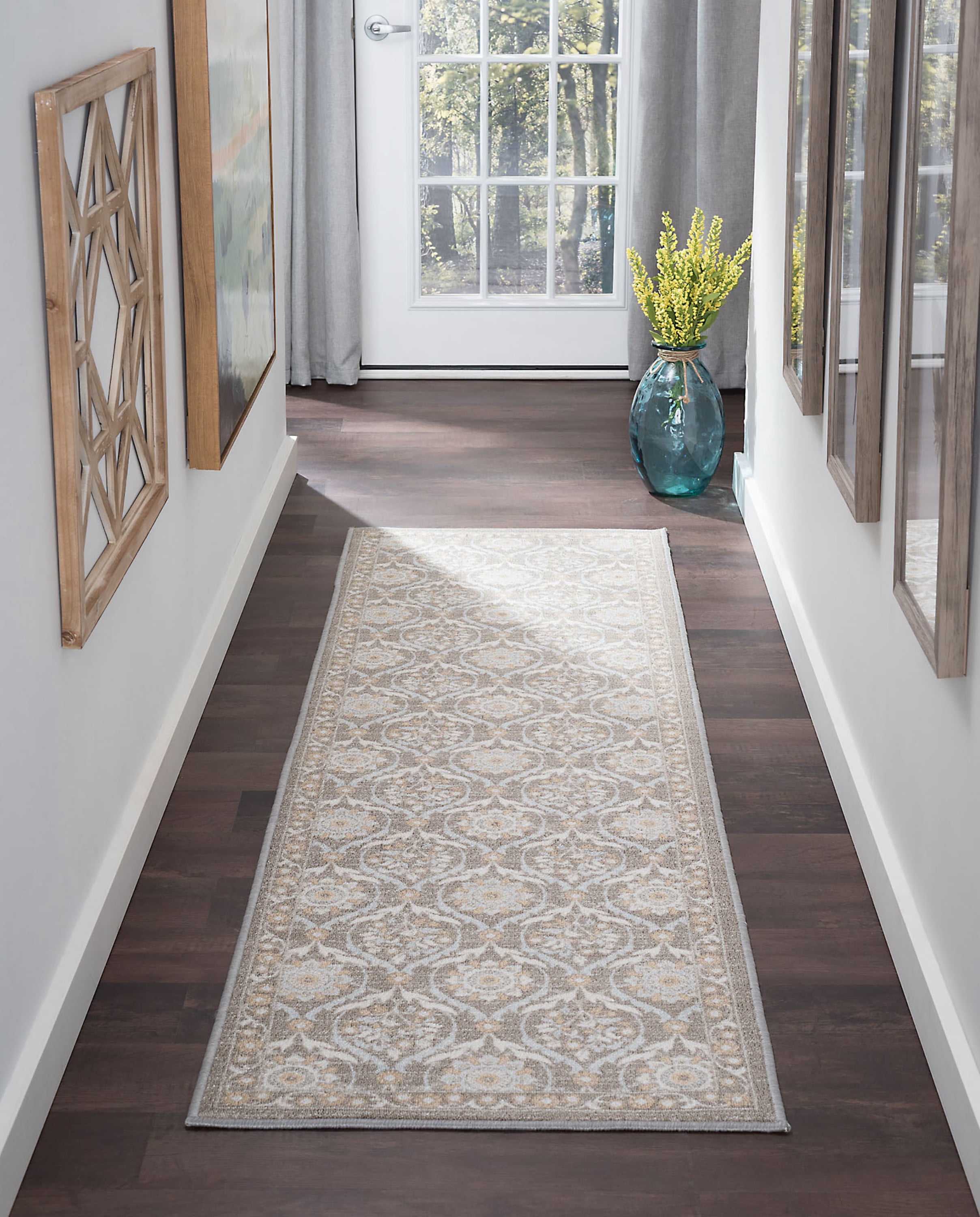 Transitional 2x11 Area Rug (2'3'' x 11') Floral Taupe, Gold Indoor Runner Easy to Clean