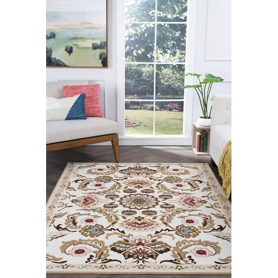 Transitional 2x3 Area Rug (2' x 3') Floral Cream, Beige Indoor Scatter Easy to Clean