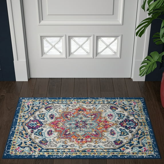 Transitional 2x3 Area Rug (2' x 3') Medallion Cream, Navy Indoor Scatter Easy to Clean