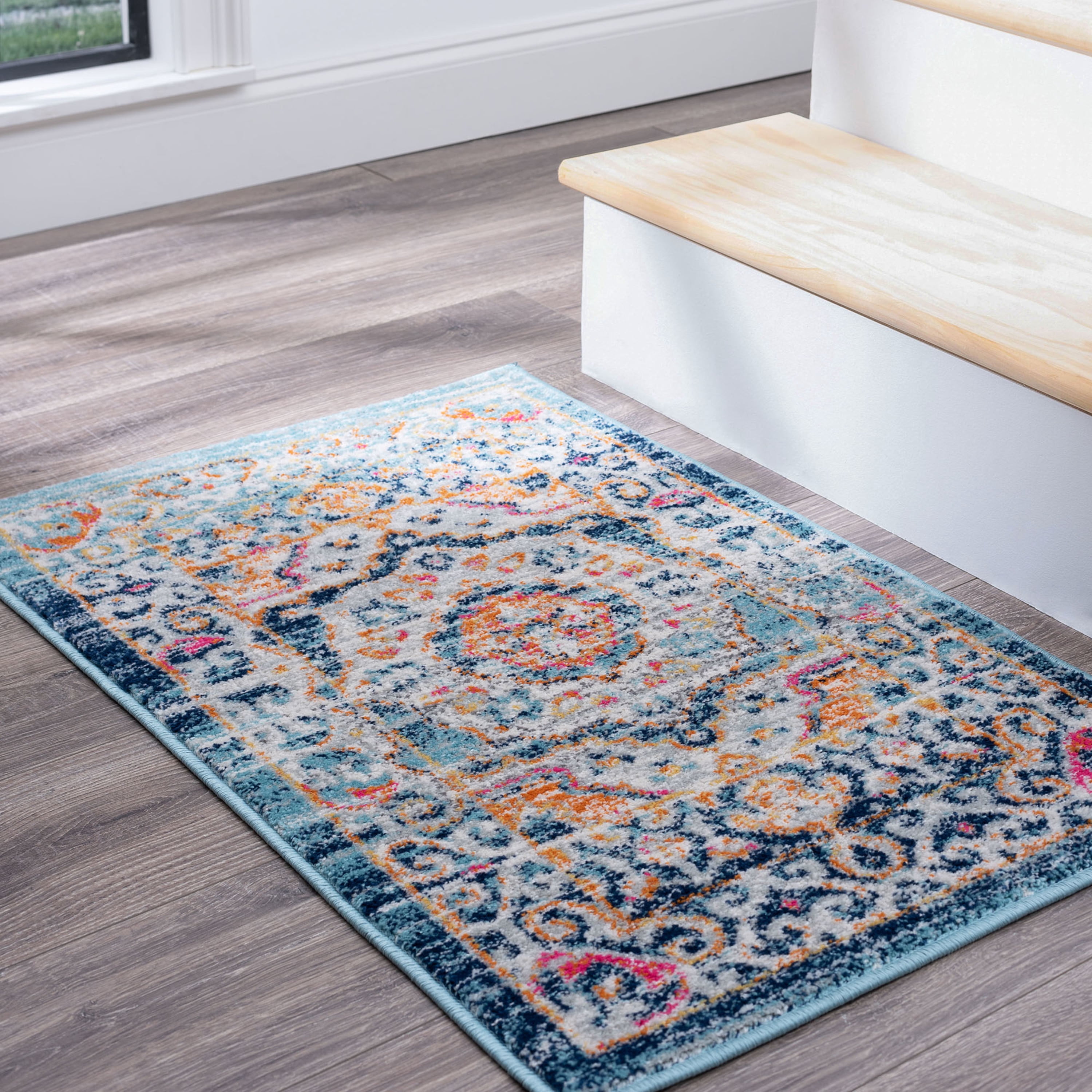 Transitional 2x3 Area Rug (2' x 3') Medallion Pink, Navy Indoor Scatter Easy to Clean