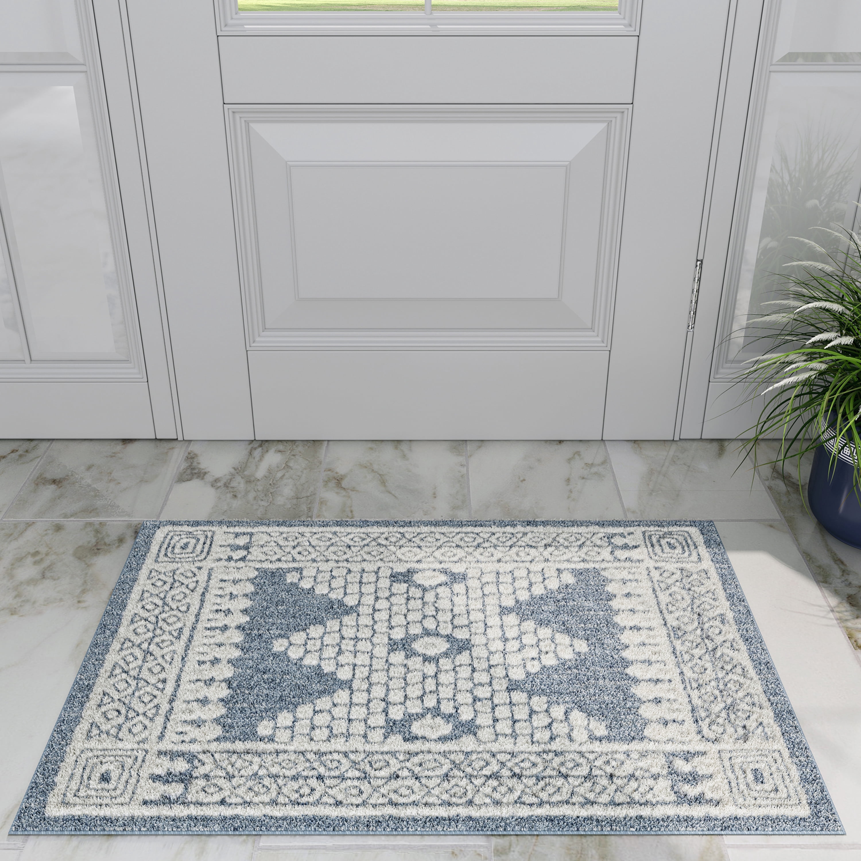 Transitional 2x3 Area Rug (2' x 3') Moroccan Blue, Cream Indoor Scatter Easy to Clean