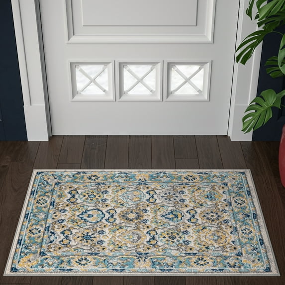 Transitional 2x3 Area Rug (2' x 3') Oriental Aqua, Yellow Indoor Scatter Easy to Clean