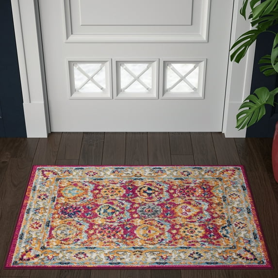 Transitional 2x3 Area Rug (2' x 3') Oriental Pink, Yellow Indoor Scatter Easy to Clean