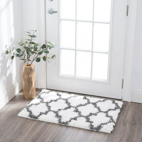 Jersey Shag Transitional Geometric White and Gray Polypropylene Indoor Area Rug, 2'x3' Rectangle