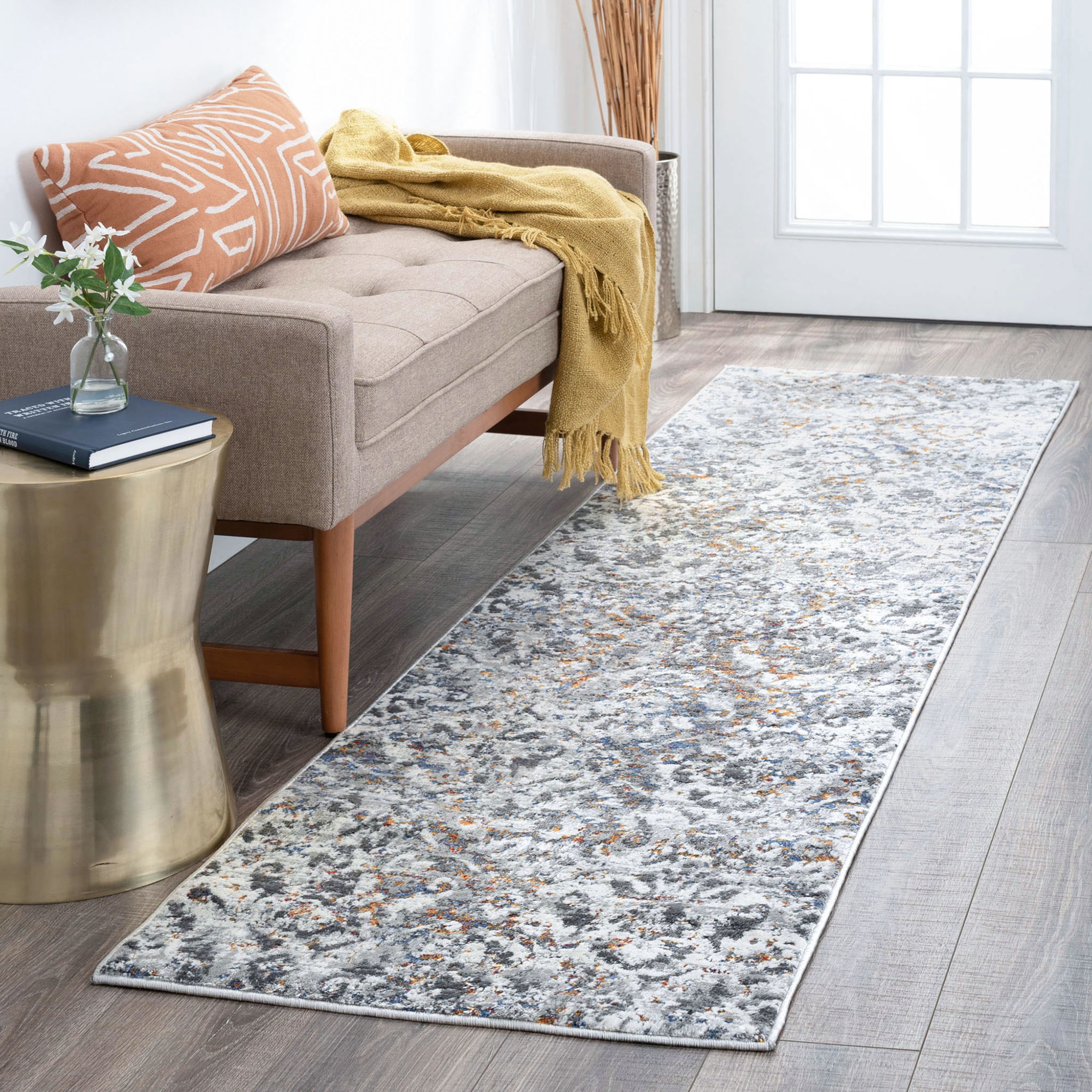 Transitional 2x8 Area Rug (2'2'' x 7'3'') Damask Gray, Teal Indoor Runner Easy to Clean