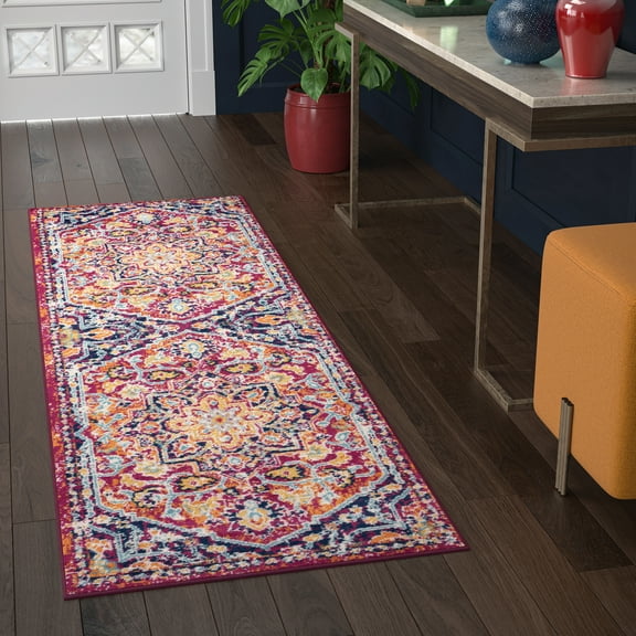 Transitional 2x8 Area Rug (2'2'' x 7'3'') Medallion Pink, Orange Indoor Runner Easy to Clean