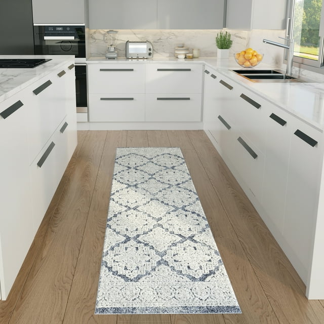 Transitional 2x8 Area Rug (2'3'' x 7'3'') Floral Blue, Cream Indoor Runner Easy to Clean
