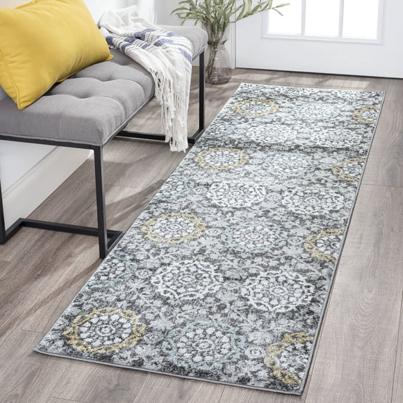 Transitional 2x8 Area Rug (2'3'' x 7'3'') Floral Dark Gray, Dark Gray Indoor Runner Easy to Clean