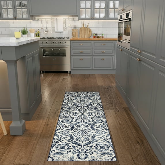 Transitional 2x8 Area Rug (2'3'' x 7'3'') Floral Navy, Cream Indoor Runner Easy to Clean