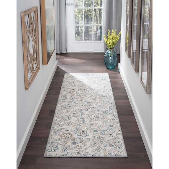Transitional 2x8 Area Rug (2'3'' x 7'6'') Floral Cream, Gold Indoor Runner Easy to Clean
