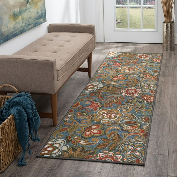 Transitional 2x8 Area Rug (2'3'' x 7'6'') Floral Navy, Beige Indoor Runner Easy to Clean