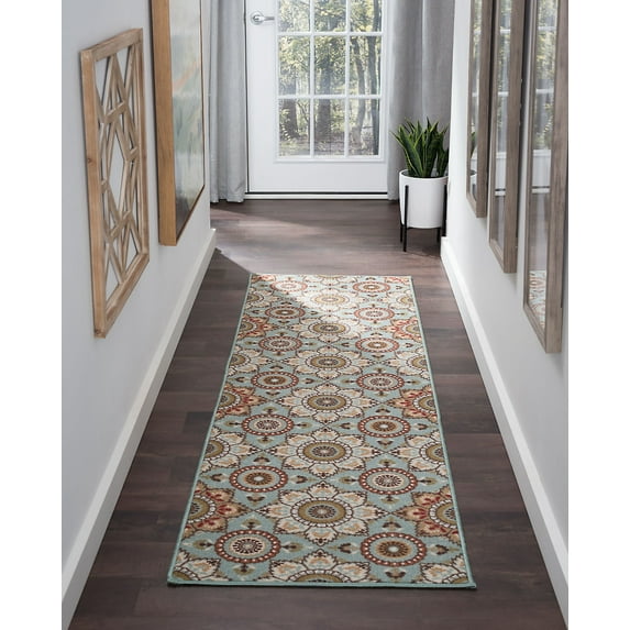 Transitional 2x8 Area Rug (2'3'' x 7'6'') Floral Seafoam, Beige Indoor Runner Easy to Clean