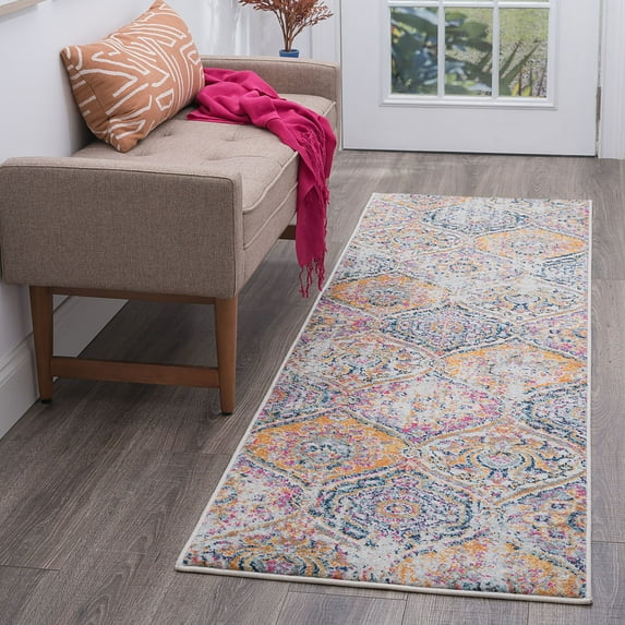 Transitional 2x8 Area Rug (2'3'' x 7'6'') Geometric Pink, Navy Indoor Runner Easy to Clean