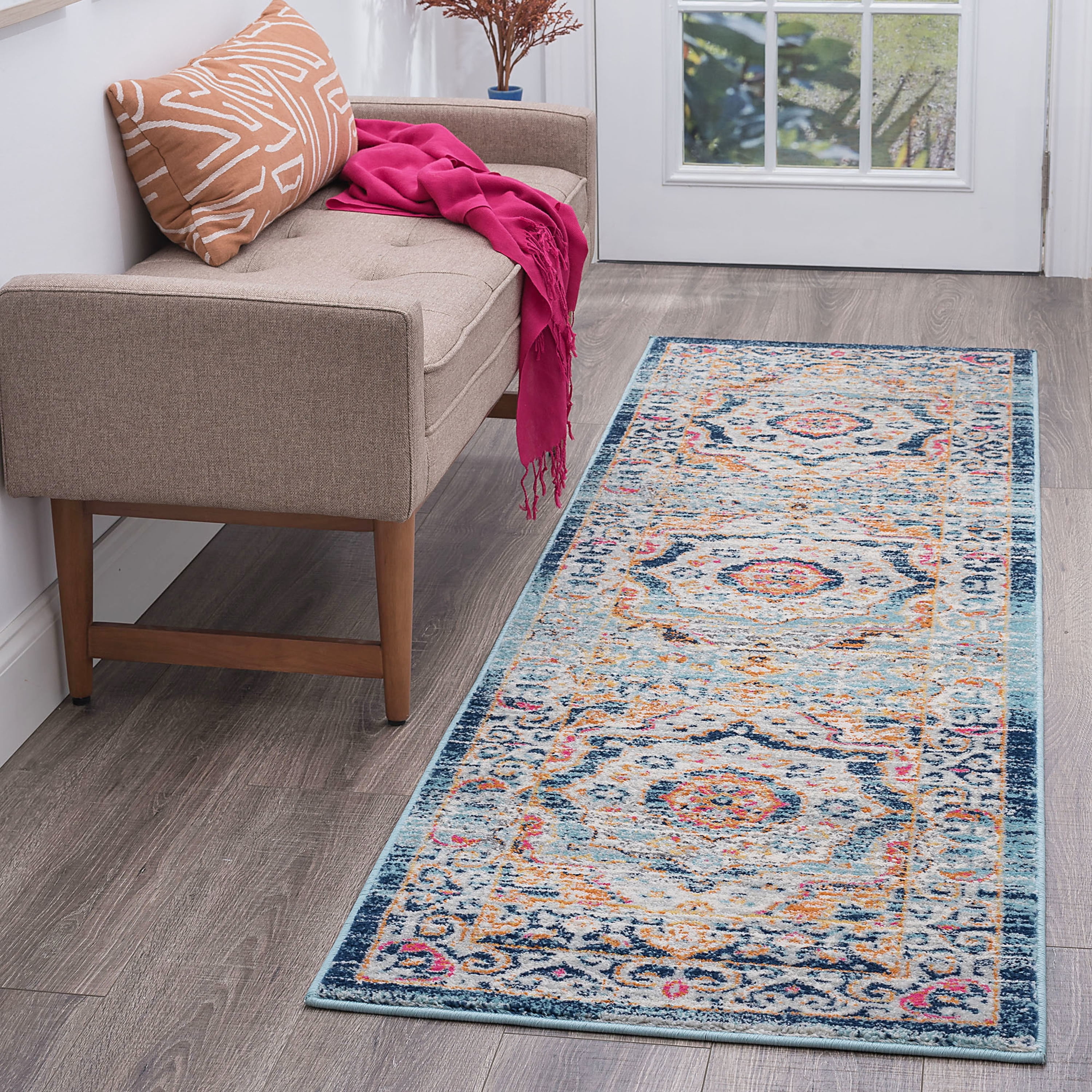 Transitional 2x8 Area Rug (2'3'' x 7'6'') Medallion Pink, Navy Indoor Runner Easy to Clean