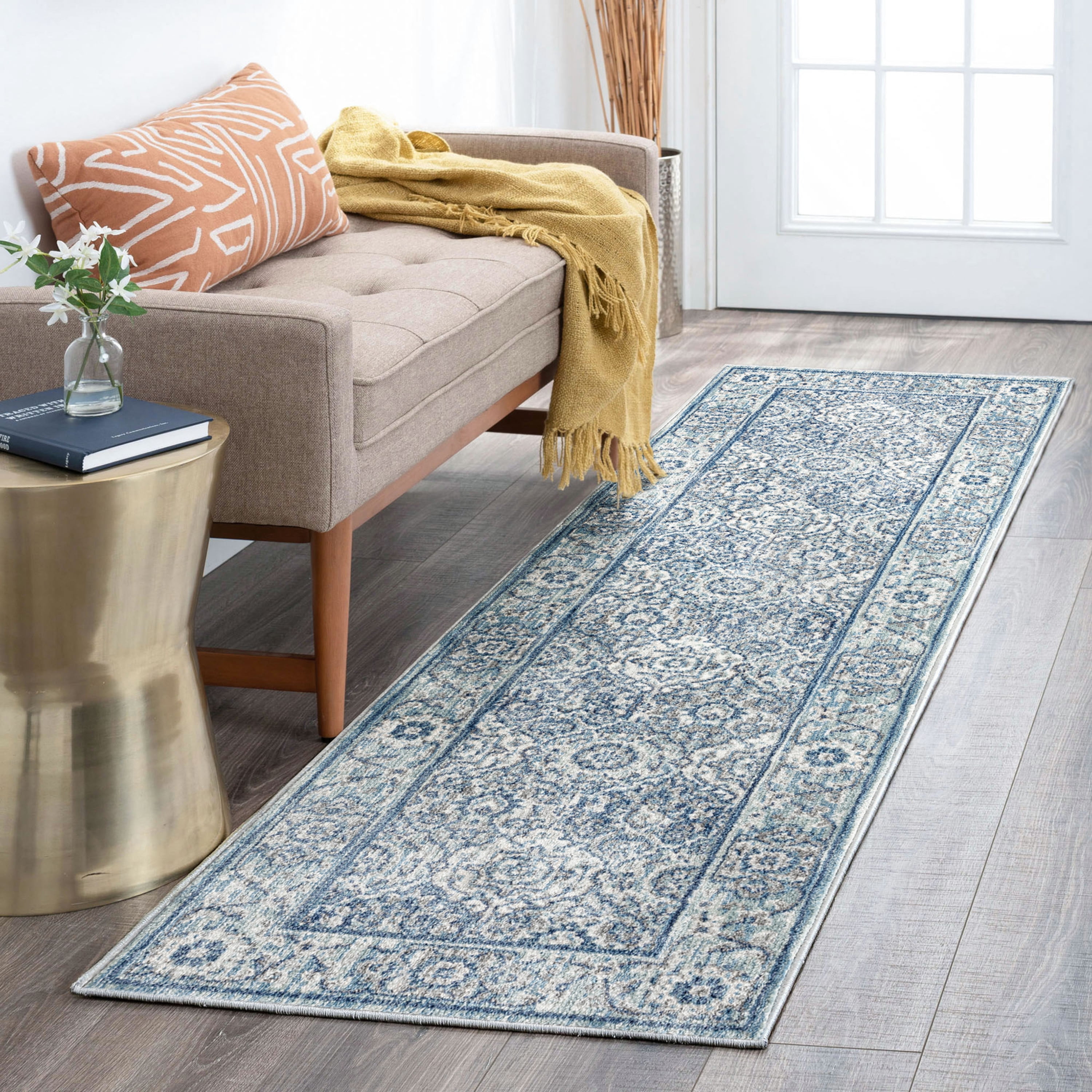 Transitional 2x8 Area Rug (2'3'' x 7'7'') Oriental Navy, Cream Indoor Runner Easy to Clean