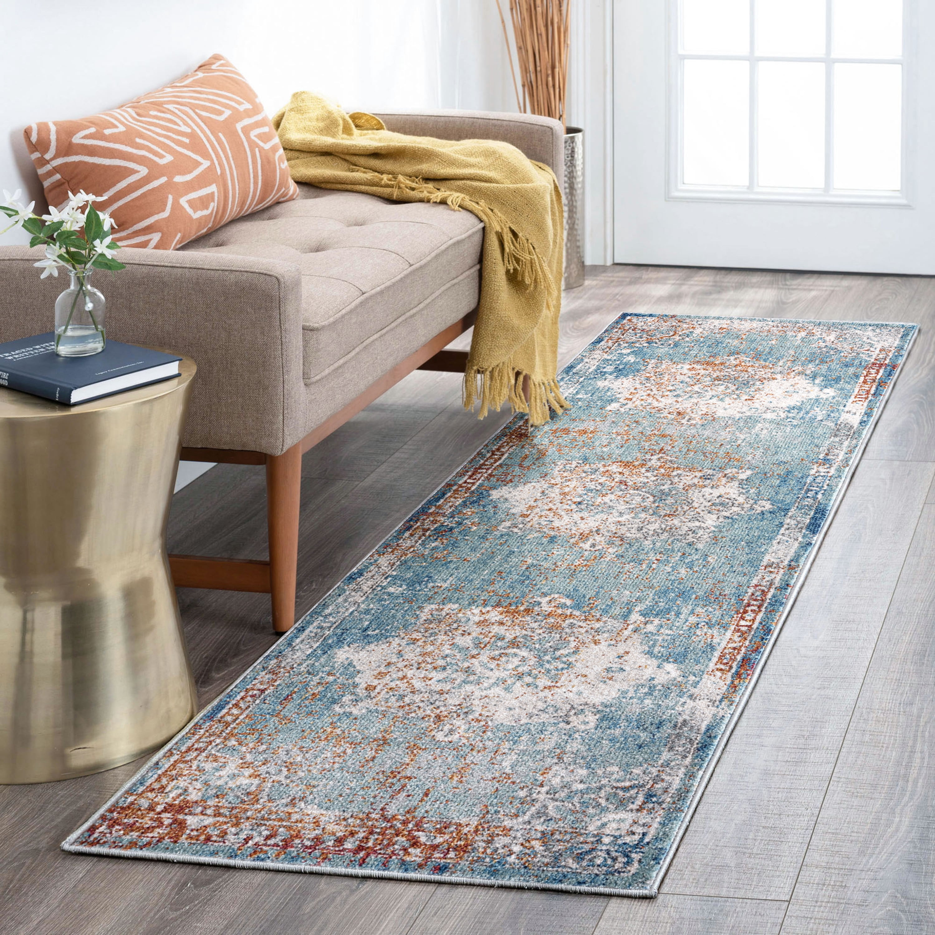 Transitional 2x8 Area Rug (2'3'' x 7'7'') Oriental Navy, Gold Indoor Runner Easy to Clean