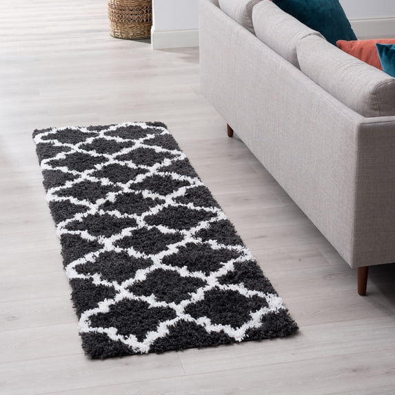 Transitional 2x8 Area Rug Shag Thick (2'3'' x 7'3'') Geometric Dark Gray, White Indoor Runner Easy to Clean