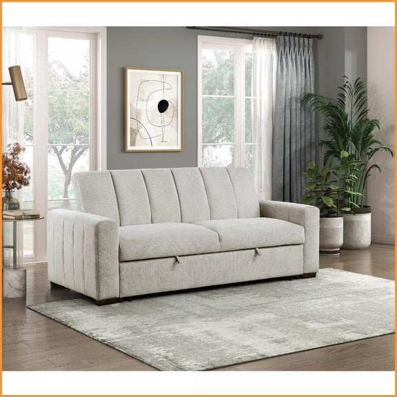 Transitional 3-Seat Convertible Sofa with Pull-Out Bed – Light Gray Textured Polyester Living Room Furniture | Light Gray | Solid Wood | Polyester