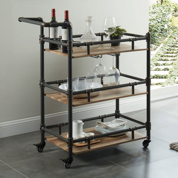 Transitional 3 - tier serving cart of solid wood in antique black for dining
