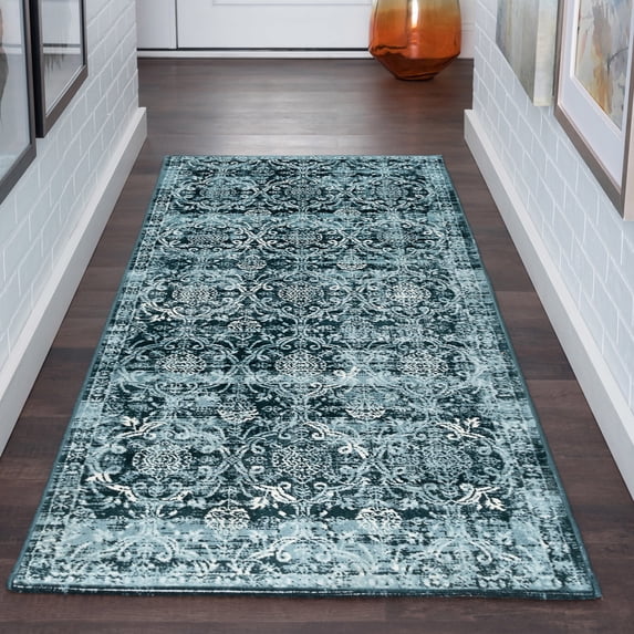 Transitional 3x10 Area Rug (2'7'' x 9'10'') Oriental Blue, Ecru Indoor Runner Easy to Clean