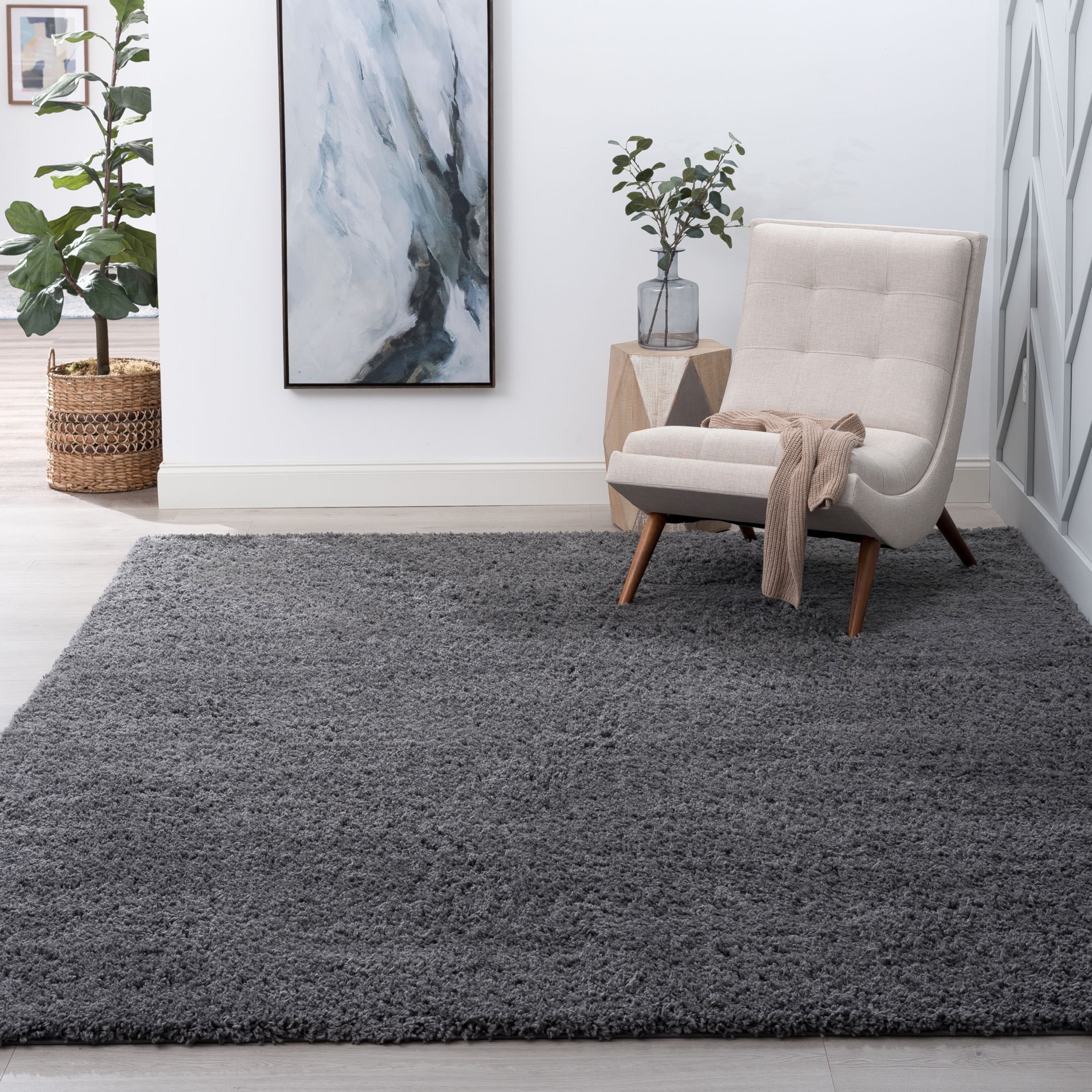 Transitional 3x5 Area Rug Shag Thick (3'3'' x 5') Solid Gray Indoor Rectangle Easy to Clean