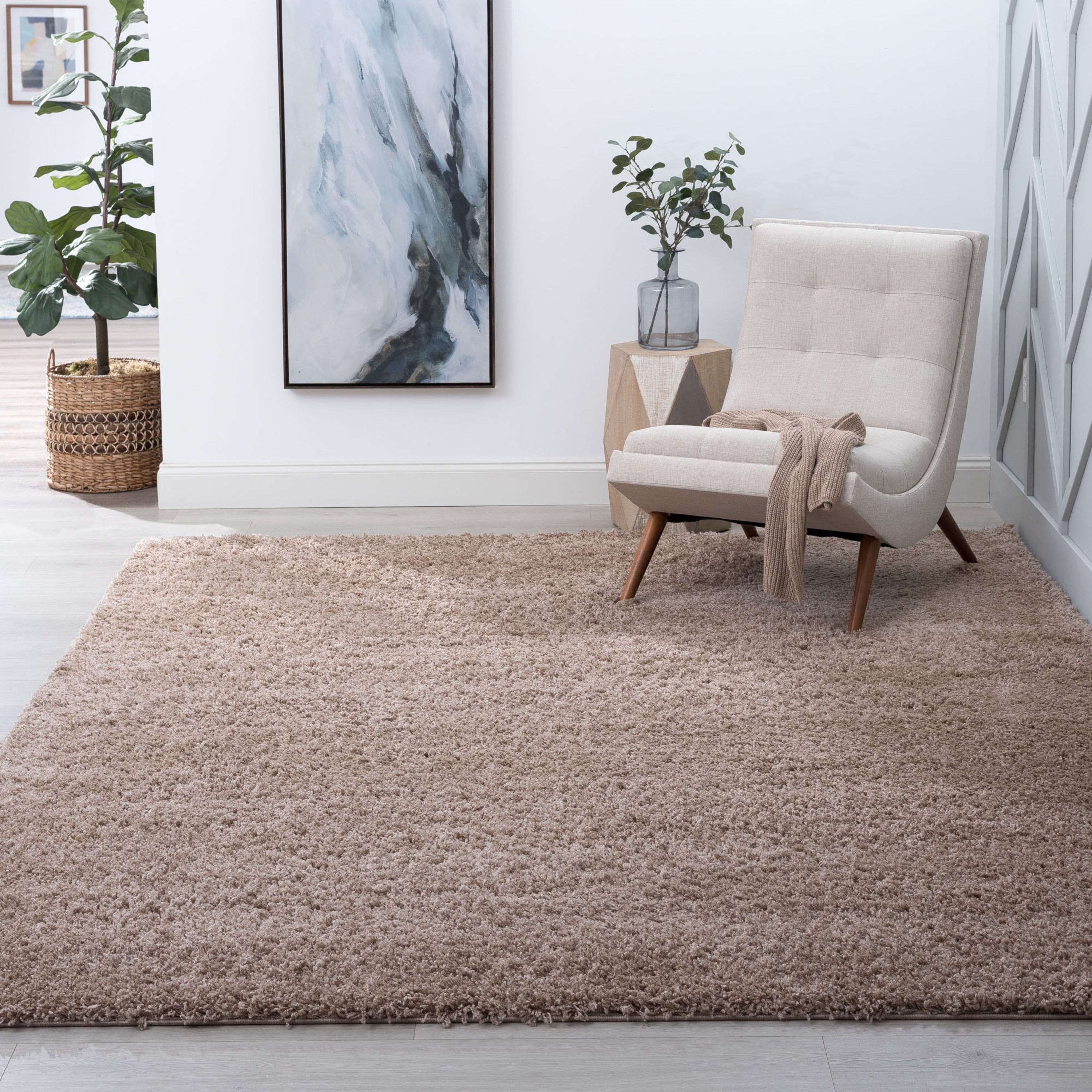 Transitional 3x5 Area Rug Shag Thick (3'3'' x 5') Solid Tan Indoor Rectangle Easy to Clean