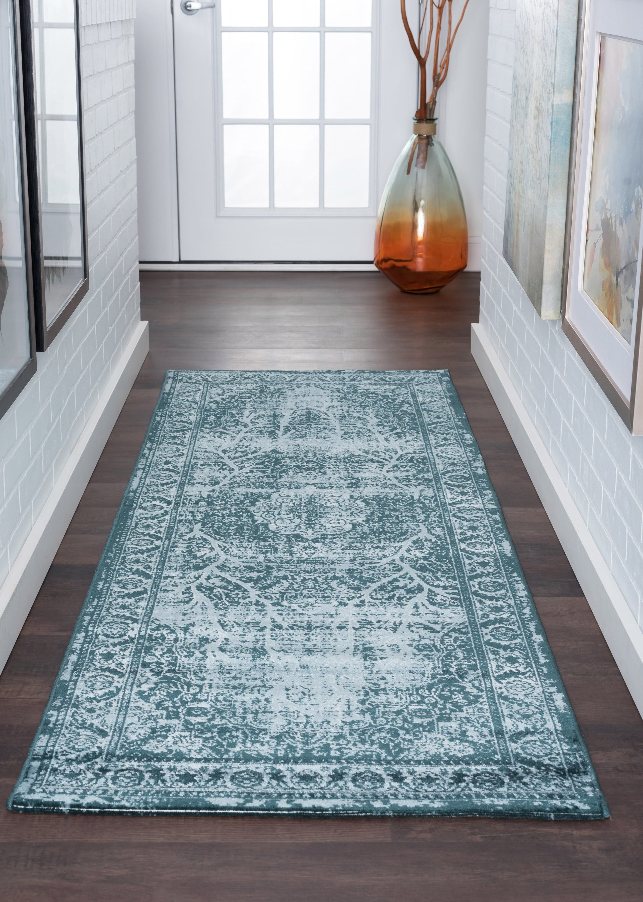 Transitional 3x8 Area Rug (2'7'' x 7'3'') Oriental Blue, Ecru Indoor Runner Easy to Clean