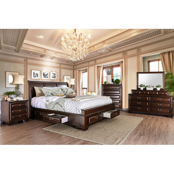 Transitional 4pc Set Brown Cherry Bedroom Furniture Queen Size Bed Dresser Mirror Nightstand Storage Bed Wood Inlay Design