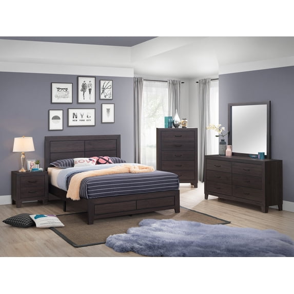 Transitional 4pc Twin Size Platform Bedroom Set Brown Finish Bed Dresser Mirror Nightstand Wooden Furniture