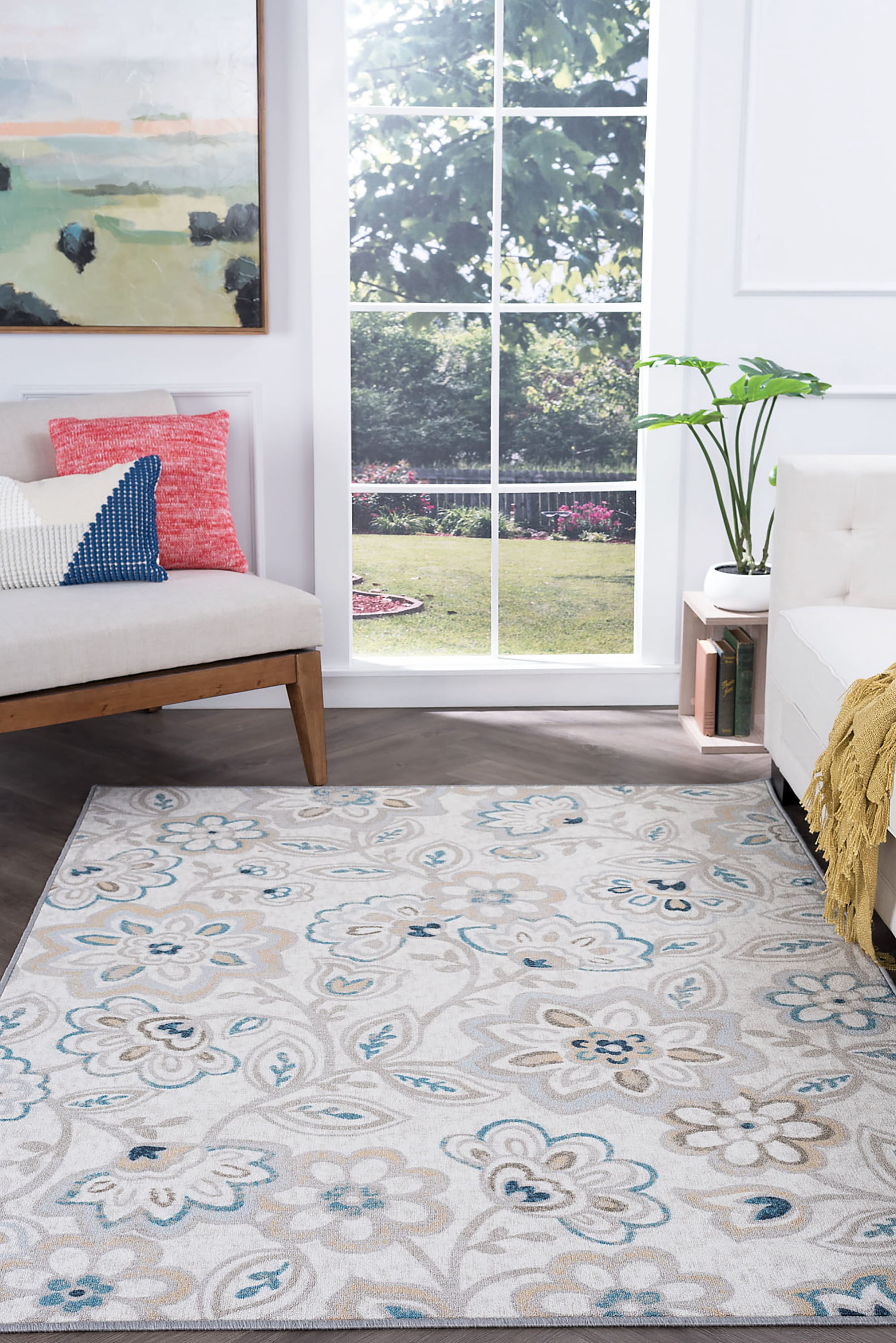Transitional 4x6 Area Rug (3'11'' x 5'3'') Floral Cream, Gold Indoor Rectangle Easy to Clean