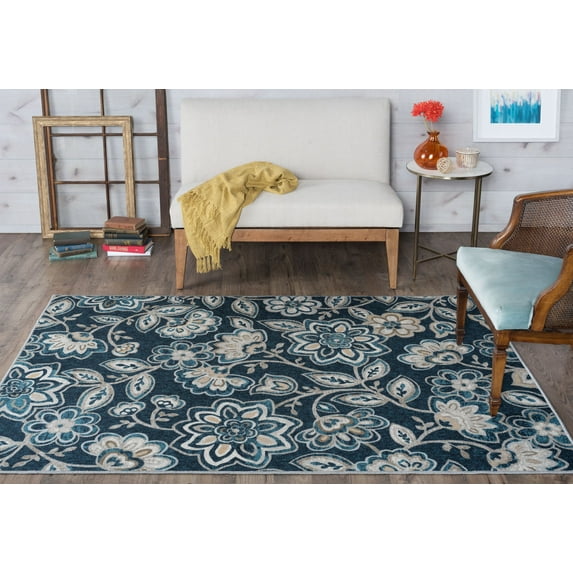 Transitional 4x6 Area Rug (3'11'' x 5'3'') Floral Navy, Beige Indoor Rectangle Easy to Clean