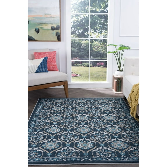 Transitional 4x6 Area Rug (3'11'' x 5'3'') Floral Navy, Gold Indoor Rectangle Easy to Clean