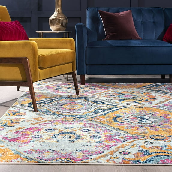 Transitional 4x6 Area Rug (3'11'' x 5'3'') Geometric Pink, Navy Indoor Rectangle Easy to Clean