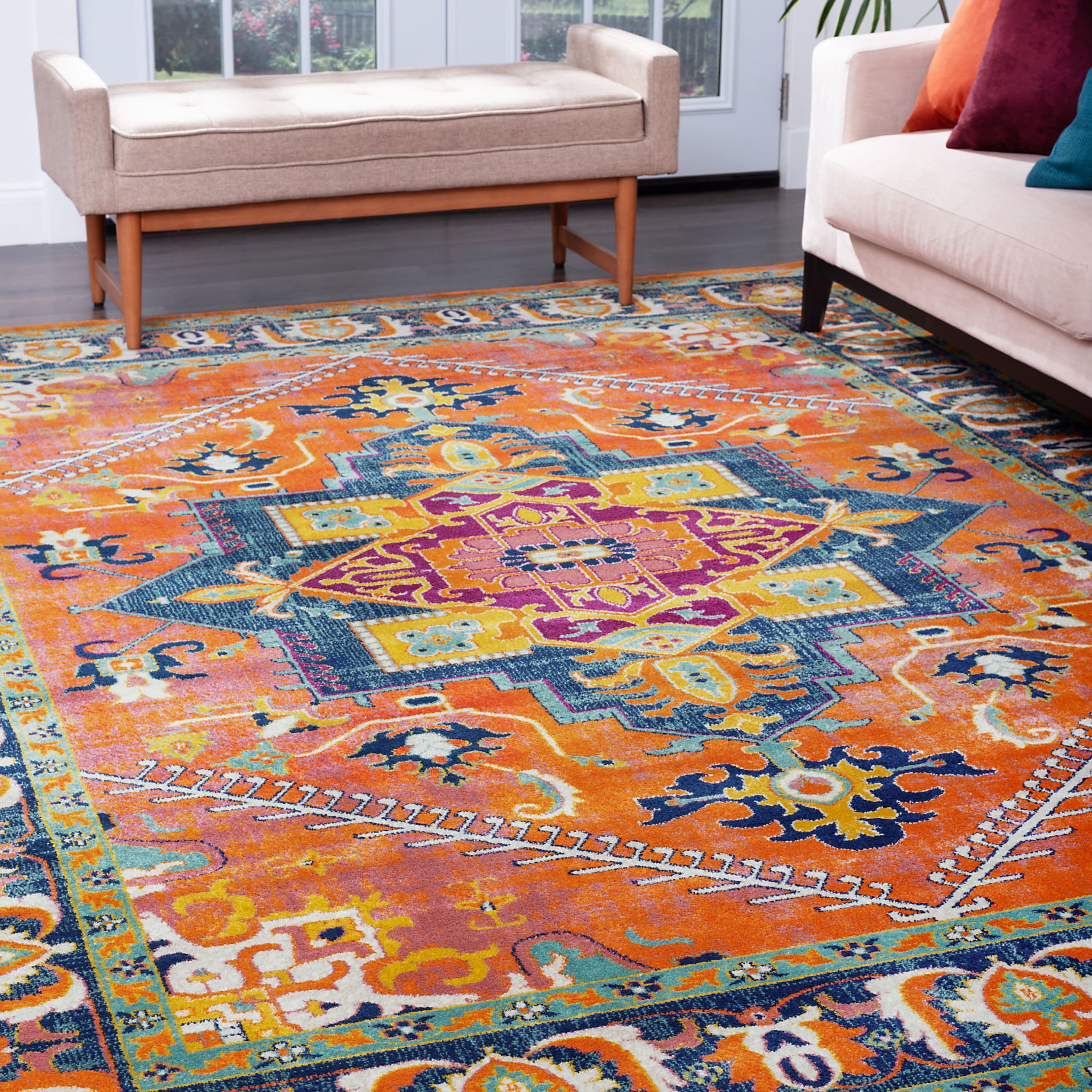 Transitional 4x6 Area Rug (3'11'' x 5'3'') Oriental Orange, Navy Indoor Rectangle Easy to Clean
