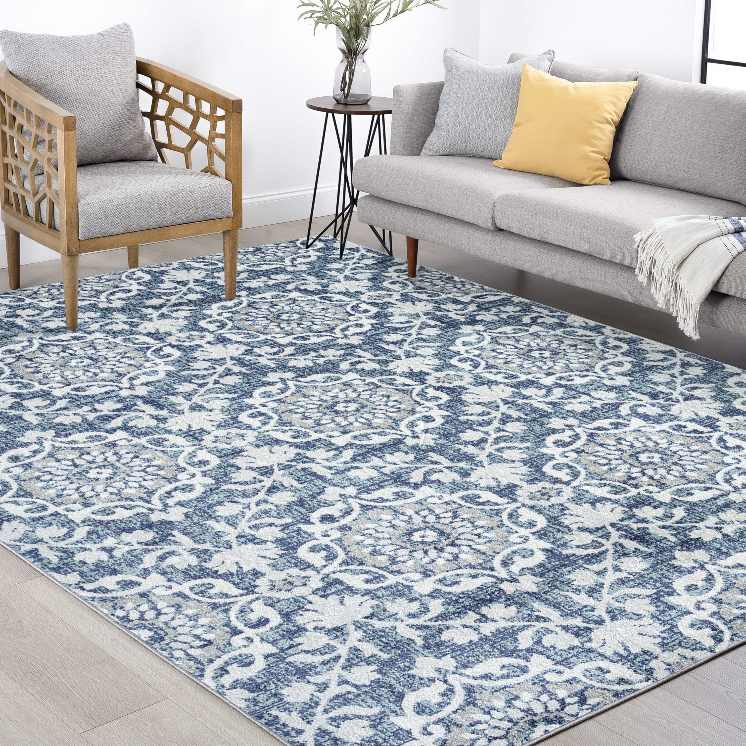 Transitional 4x6 Area Rug (4' x 5'3'') Floral Blue, Blue Indoor Rectangle Easy to Clean