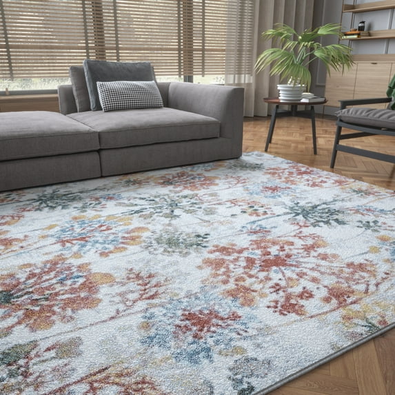 Transitional 4x6 Area Rug (4' x 5'3'') Floral Cream Indoor Rectangle Easy to Clean