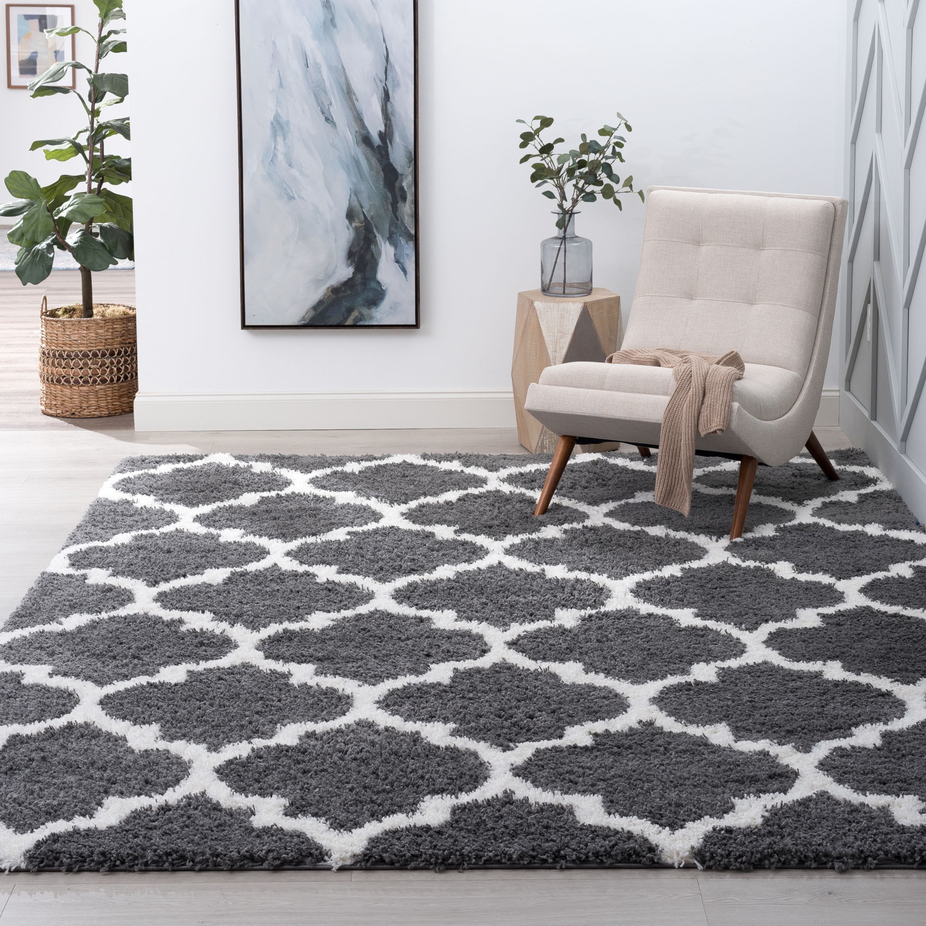 Jersey Shag Transitional Geometric Gray and White Polypropylene Indoor Area Rug, 4'x6' Rectangle
