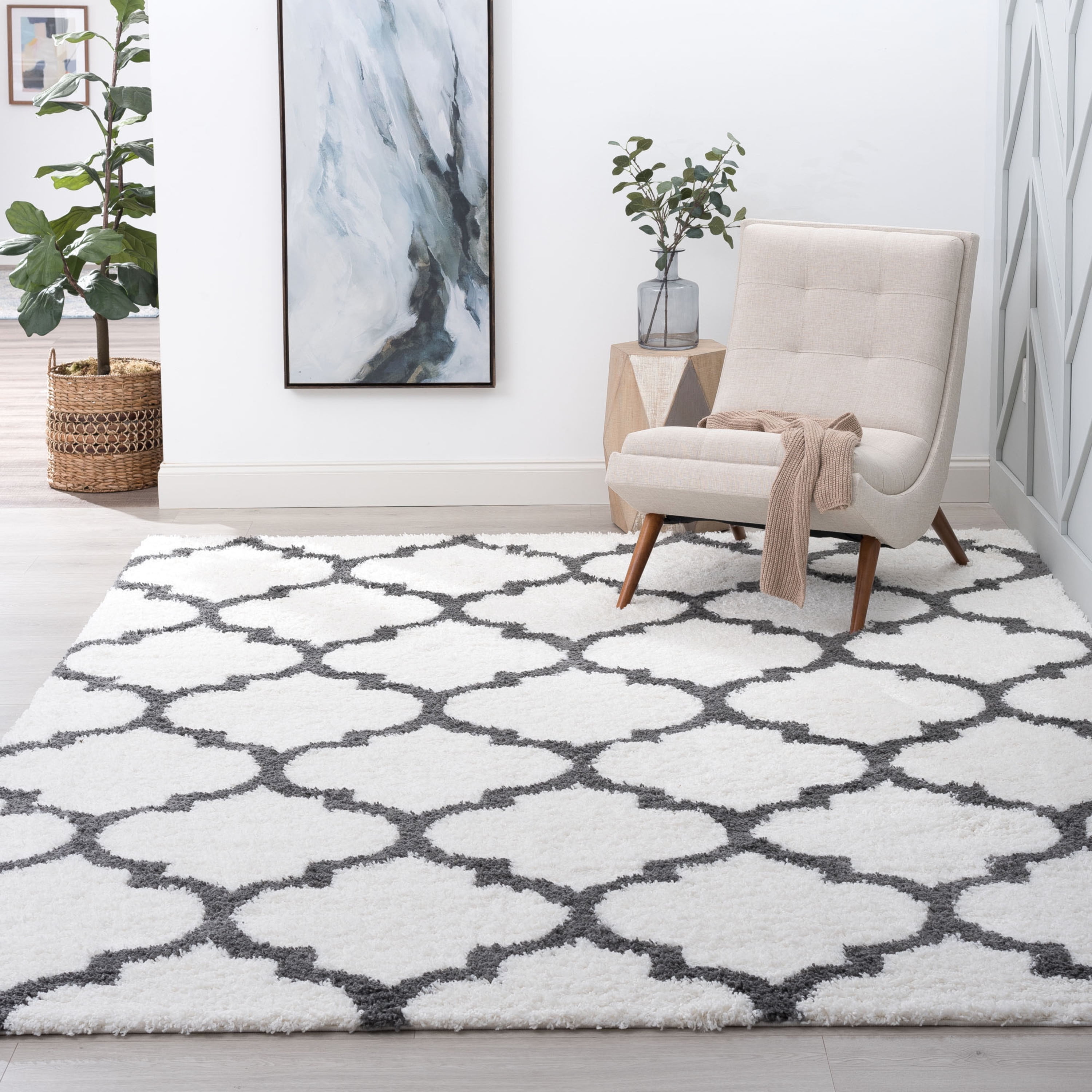 Jersey Shag Transitional Geometric White and Gray Polypropylene Indoor Area Rug, 4'x6' Rectangle