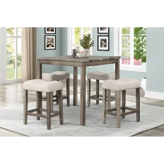 Transitional 5 Piece Counter Dining Set, Solid Wood Square Dining Table with Tufted Counter Stool, Antique Oak