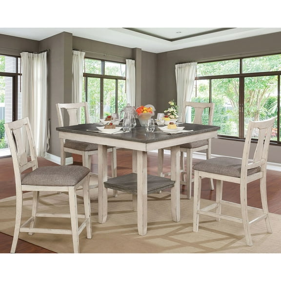 Transitional 5pc Counter Height Dining With Solid Wood Base Table 4 Leg Antique White