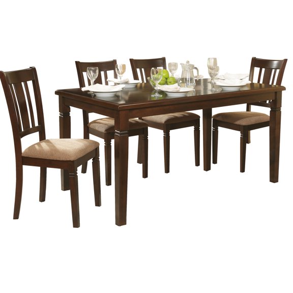 5pc Transitional Dining : Wood Table & 4 Upholstered Side Chairs, Seats People, Rectangular Shape, Fabric Seat, Material Collection - Style, With Seating For 4, Brown Seat