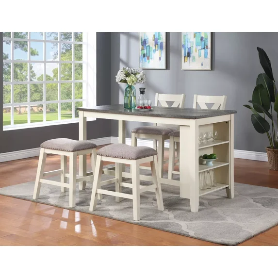 Transitional 5pc Kitchen Breakfast Dining Set Bone White Counter Height Dining Table and 2x High Chairs 2x Stools Shelve Storage