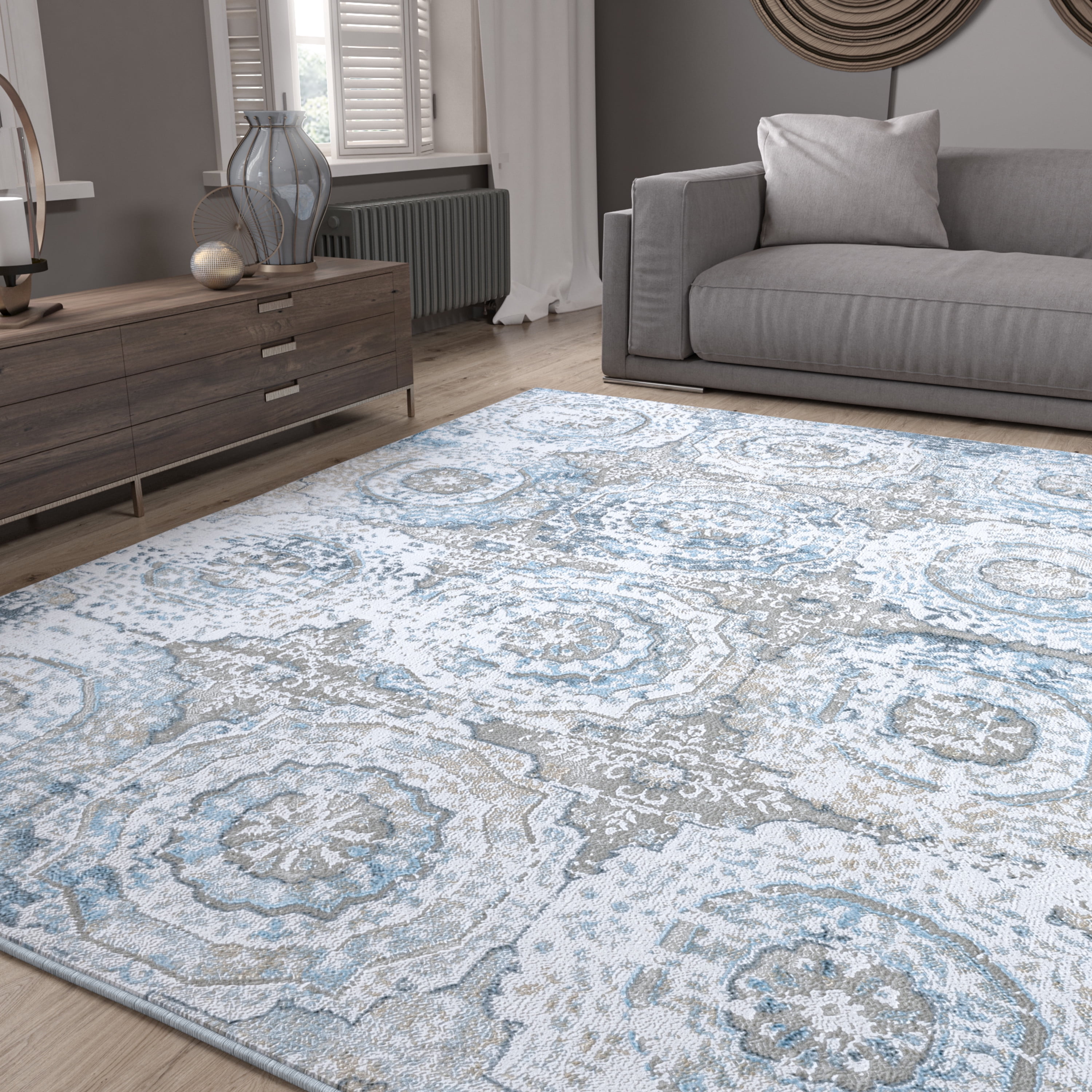 Transitional 5x7 Area Rug (5'3'' x 7'3'') Floral Blue Living Room Easy to Clean