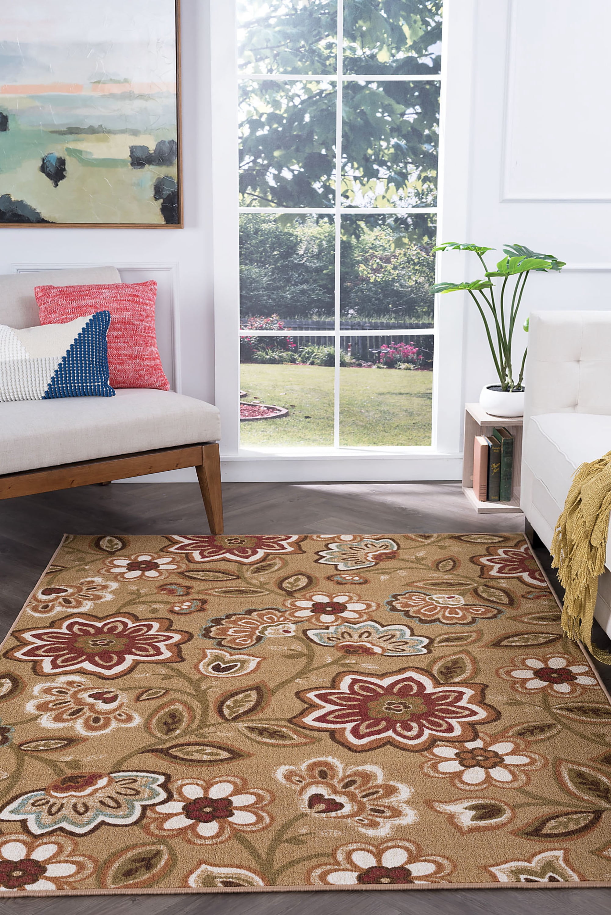 Transitional 5x7 Area Rug (5' x 7') Floral Beige, Brown Living Room Easy to Clean